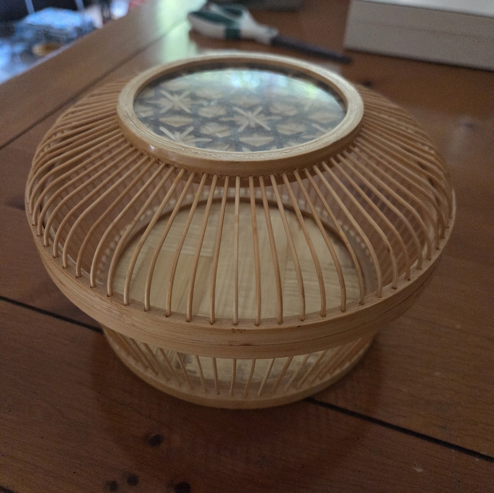 Vintage Bamboo Lucky Cricket Cage Woven Starburst Pattern Protected With Glass